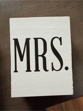Mrs. Decorative Wooden Block Sign - White with Black Lettering